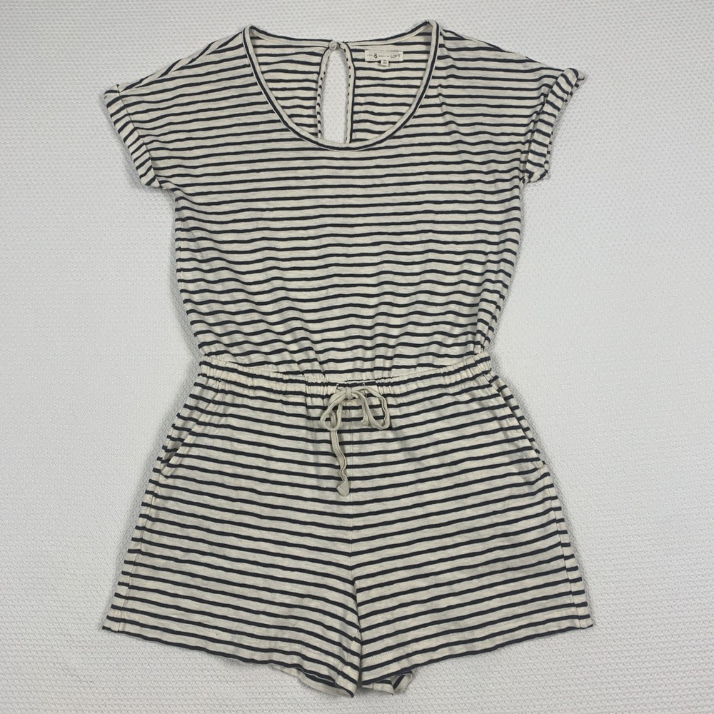 Lou & Grey LOFT Striped Cotton Romper Womens M Navy Cream Elastic Tie Waist
